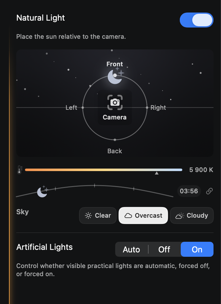 Velatura's Natural Light controls showing an overcast night, moon position, cool color temperature, and artificial lights turned on.