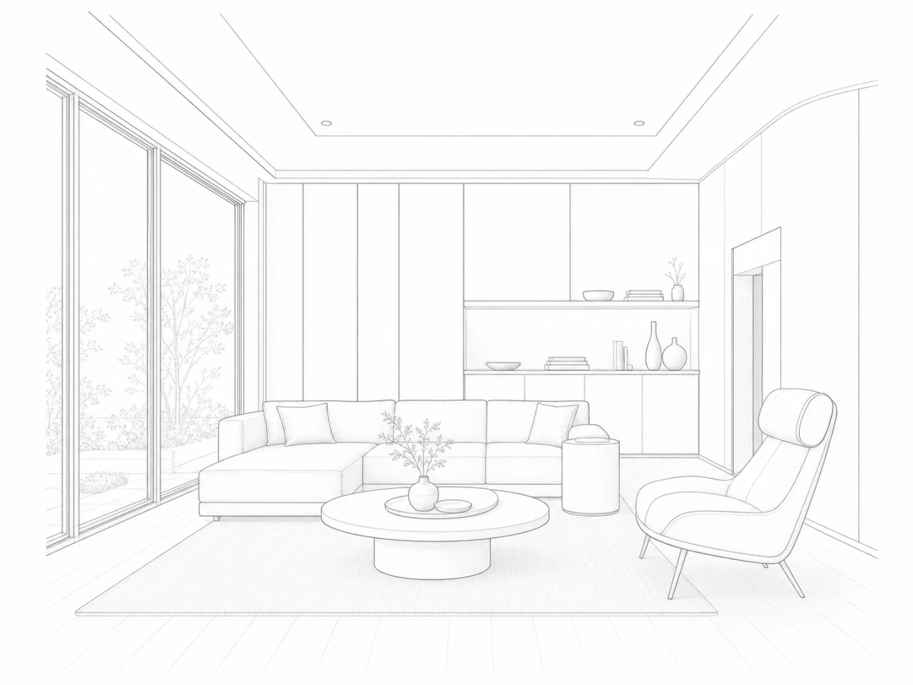 An exported interior line view before presentation choices are explored.