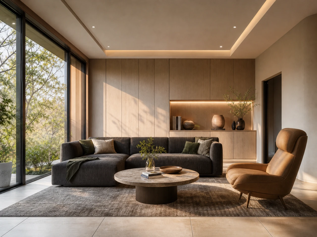 Warm living-room presentation render with wood finishes and soft daylight.