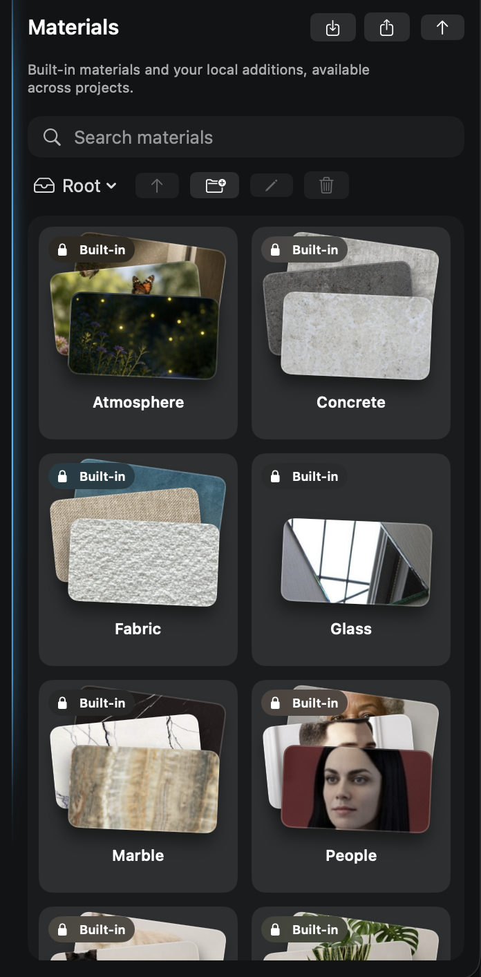 Velatura's Materials library showing built-in atmosphere, concrete, fabric, glass, marble, and people categories.