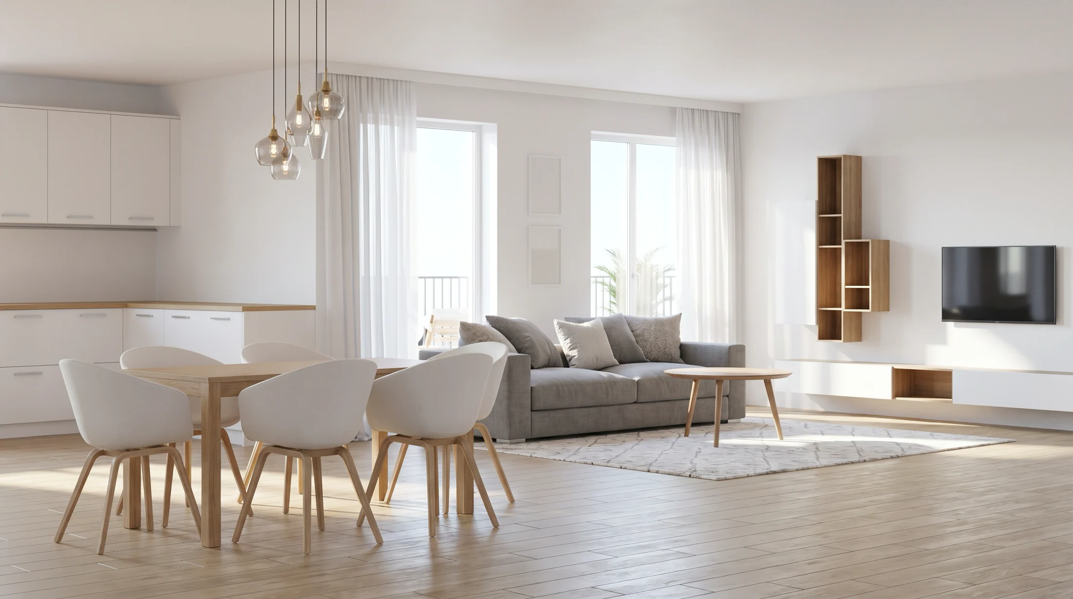 A bright daytime presentation render developed from the living room line drawing.