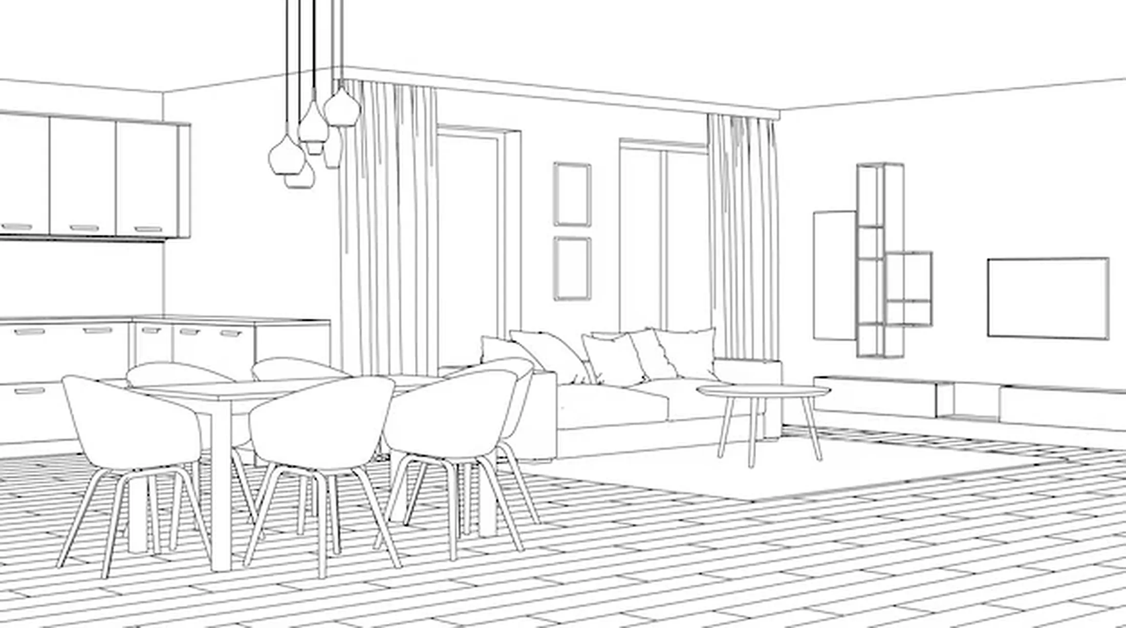 Line sketch of an open-plan living and dining room.