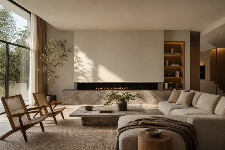 Warm contemporary living room rendered with the Interior Photorealistic workflow.
